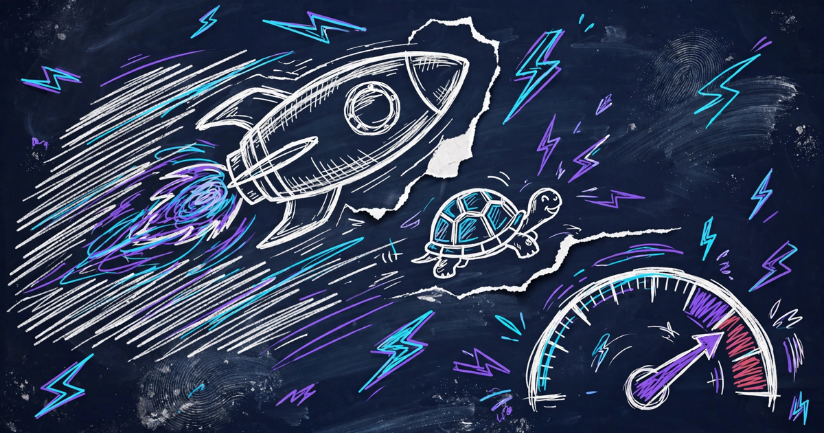 Hand-drawn chalk illustration: a rocket blasting past a turtle next to a speedometer needle buried in the red zone
